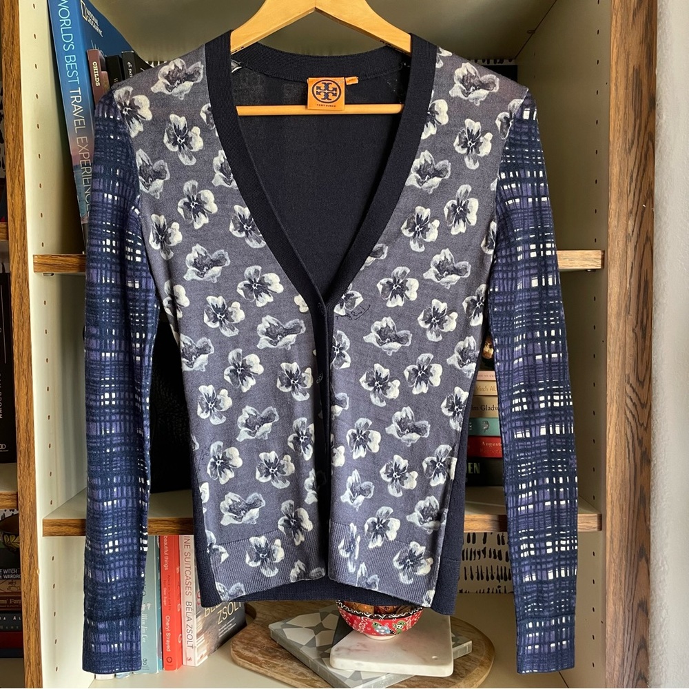 Tory Burch Mixed Print Plunge Neckline Wool Cardigan Sweater, Navy